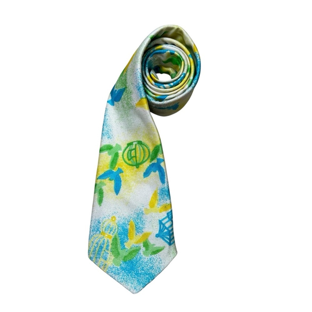 Vintage Watercolor Blue Yellow Green Birds Birdcages Neck Tie